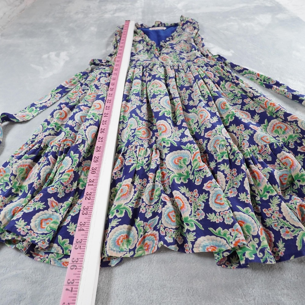 Banjaran Floral Silk Dress Womens XS Blue Knee Length Ruffle Full Skirt Tie Back - Picture 6 of 14